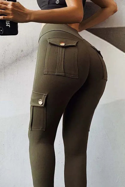 Solid Flap Pocket High Waist Sports Leggings