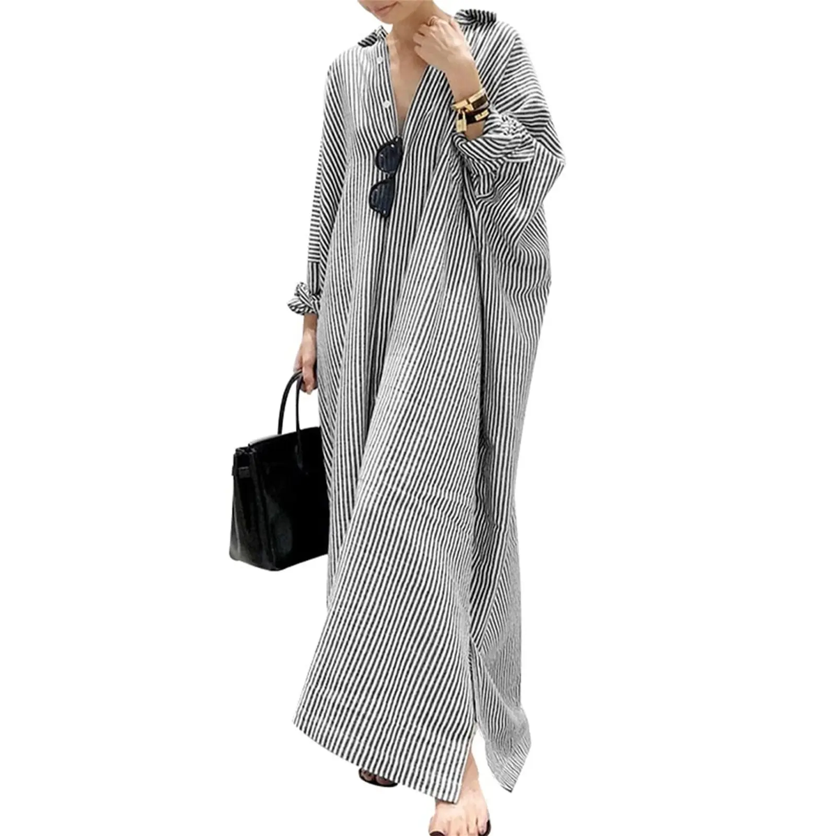 Women's Casual Long Sleeve Button Down Loose Striped Cotton Maxi Shirt Dress – Batwing Sleeves Breathable Lightweight Beach Caftan