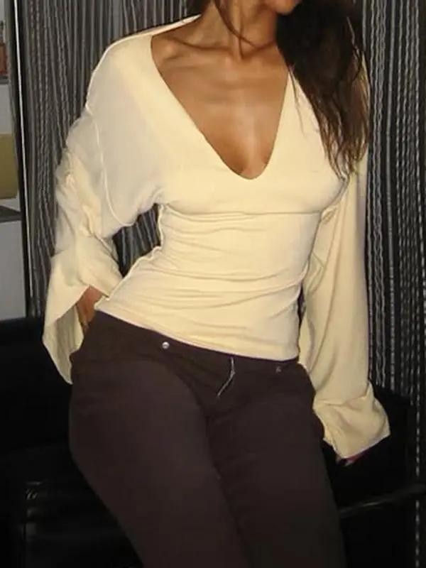Elegant women's solid-color long-sleeved T-shirt, featuring a sexy deep V-neck and a slim-fit design