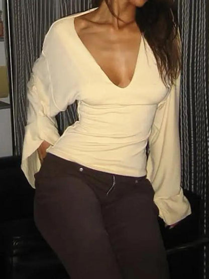 Elegant women's solid-color long-sleeved T-shirt, featuring a sexy deep V-neck and a slim-fit design