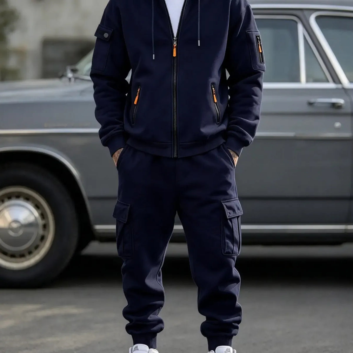 Men’s Cargo Tracksuit Set Full‐Zip Hooded Jacket + Pants (Polyester)