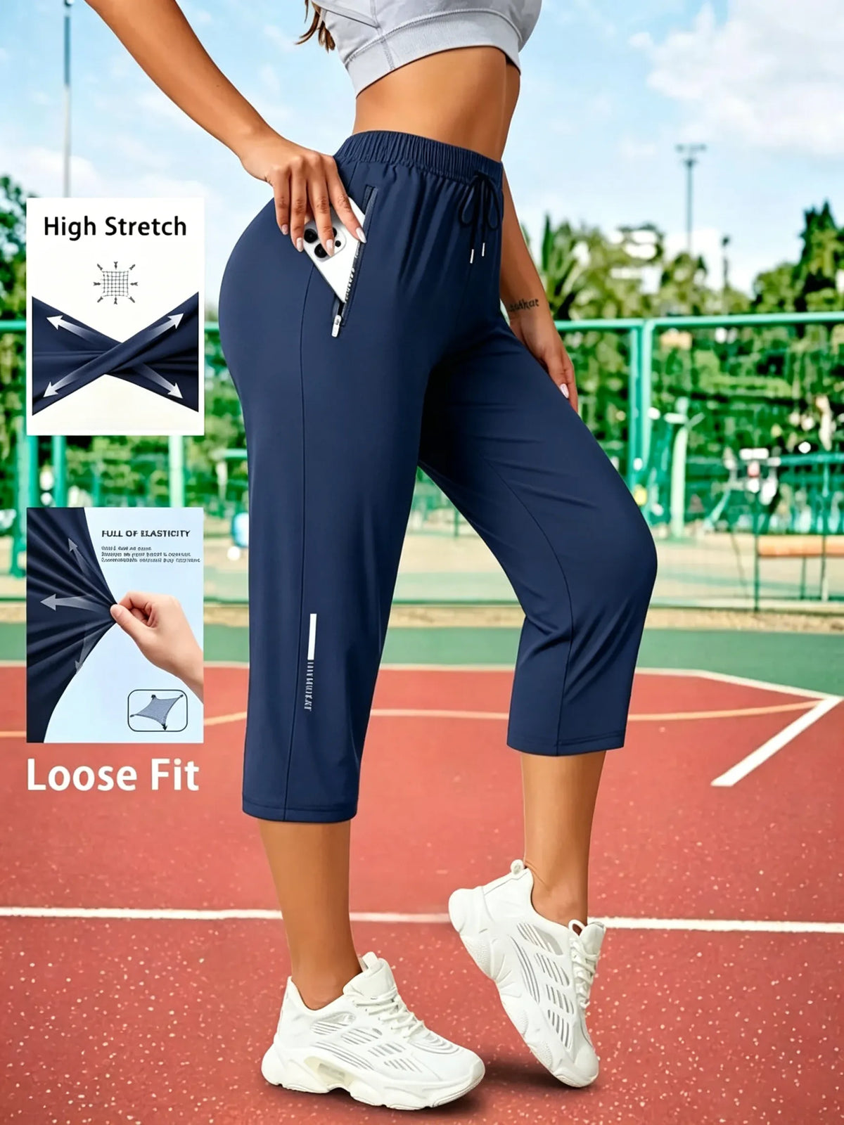 Women's Capris Pants - Loose Fit, Summer Drawstring Waist, Zippered Pockets, Breathable High-Stretch Fabric, Suitable for Everyday Wear