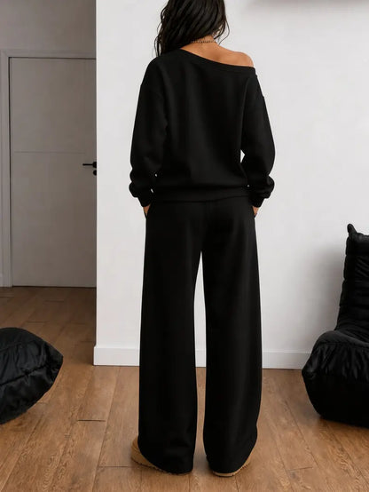 Women's 100% Cotton Two-Piece Set with Asymmetrical Sweatshirt & Wide-Leg Pants