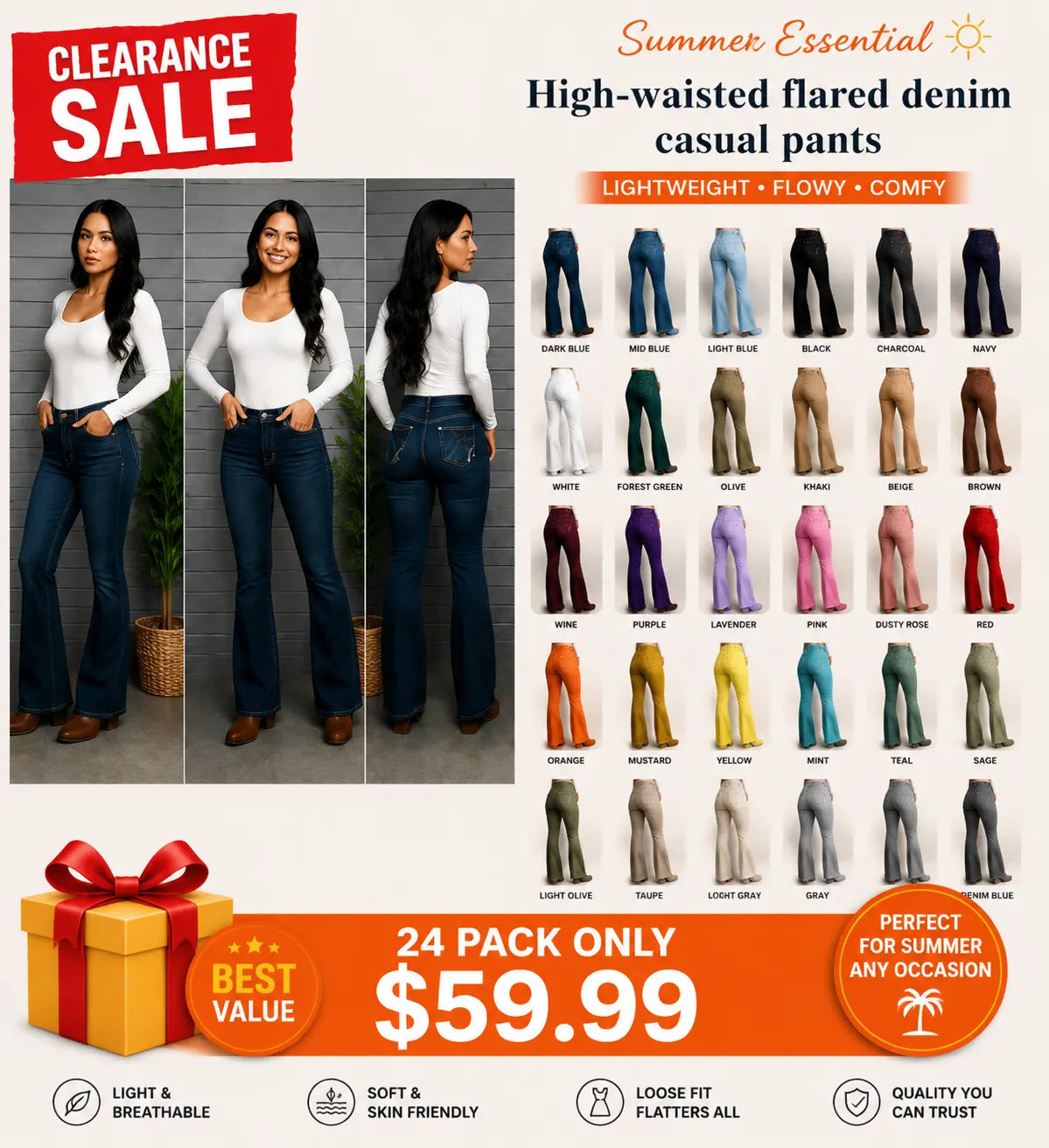 High waisted flared denim casual pants (Multiple Colors)