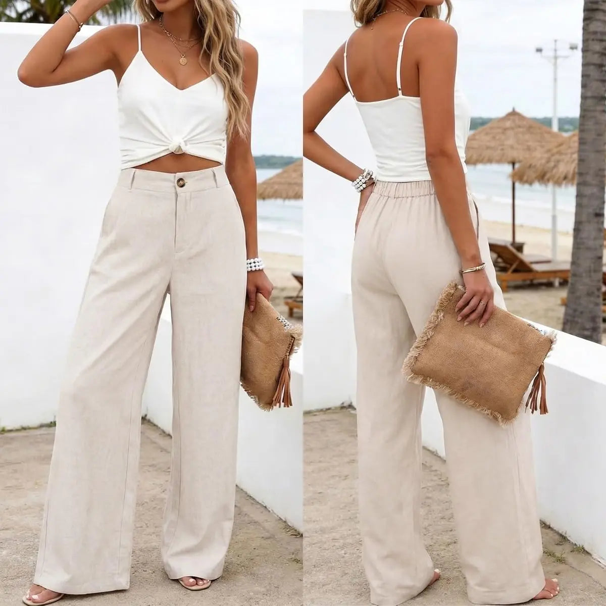 Womens Cotton Linen Pants Casual Wide Leg Trousers