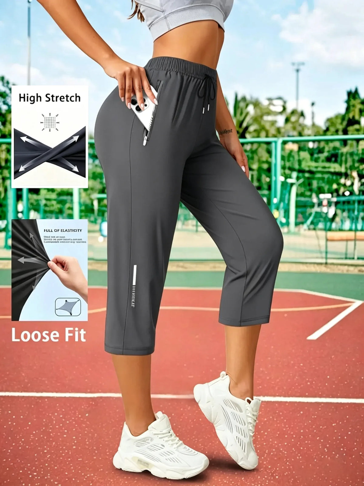 Women's Capris Pants - Loose Fit, Summer Drawstring Waist, Zippered Pockets, Breathable High-Stretch Fabric, Suitable for Everyday Wear