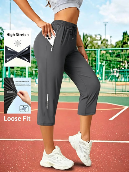Women's Capris Pants - Loose Fit, Summer Drawstring Waist, Zippered Pockets, Breathable High-Stretch Fabric, Suitable for Everyday Wear