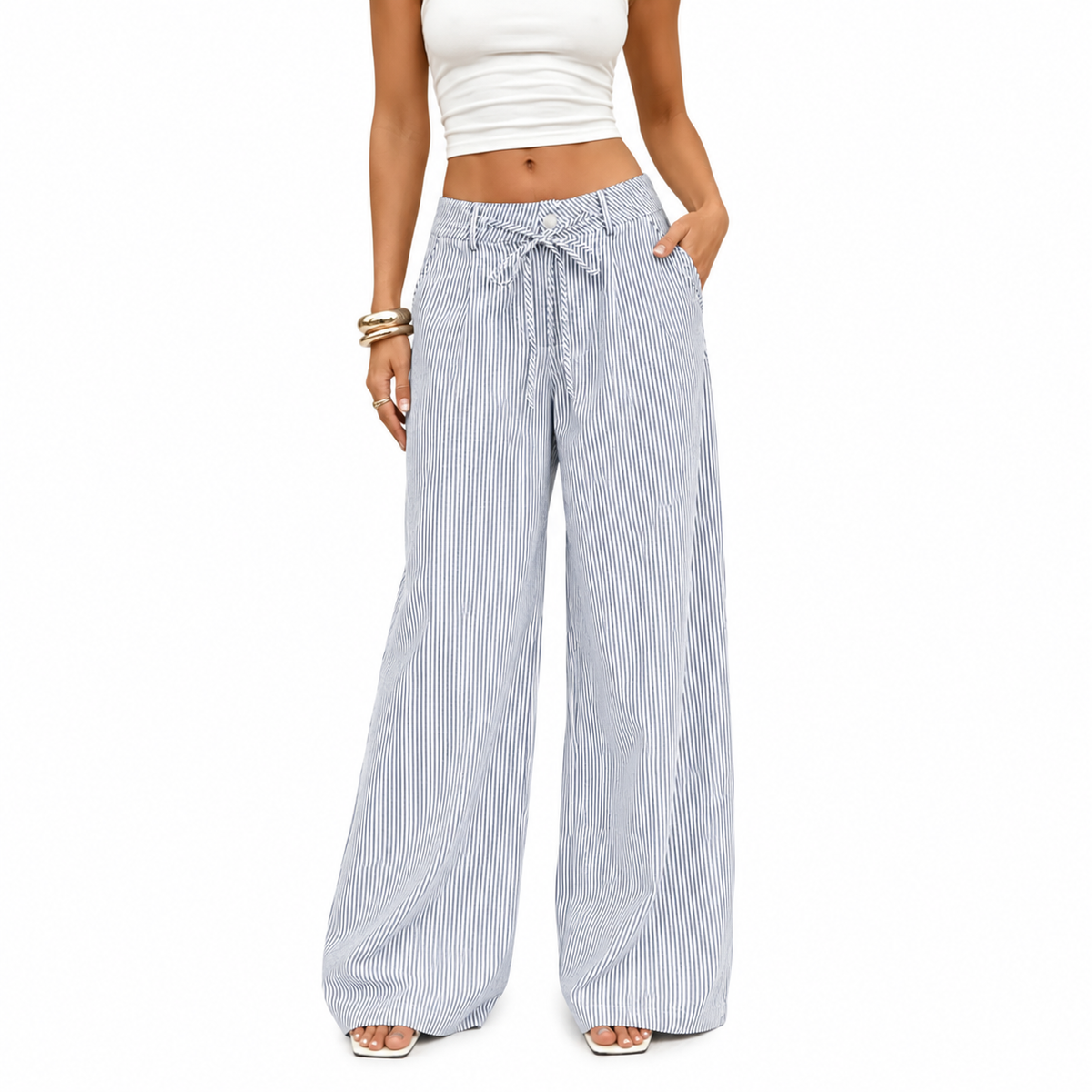 💚 Women's  Striped With Pockets Black Baggy Low Rise Wide Leg Pants