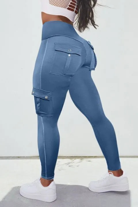 Solid Flap Pocket High Waist Sports Leggings