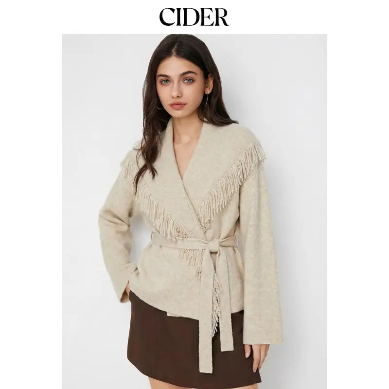 🔥 TODAY ONLY! LIMITED-TIME SALE! Cider Women's Fringed Wool-Blend Wrap Cardigan with Belt – Chic Beige | SHOP NOW!