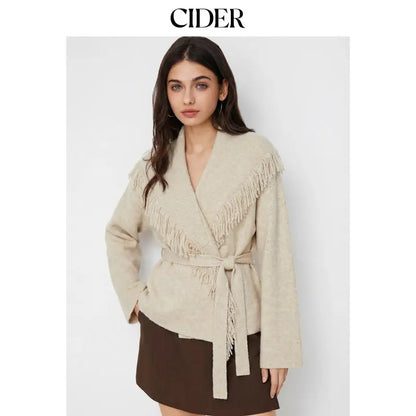 🔥 TODAY ONLY! LIMITED-TIME SALE! Cider Women's Fringed Wool-Blend Wrap Cardigan with Belt – Chic Beige | SHOP NOW!