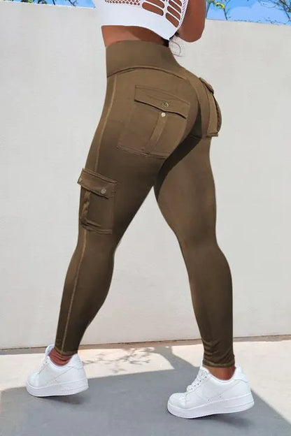 Solid Flap Pocket High Waist Sports Leggings