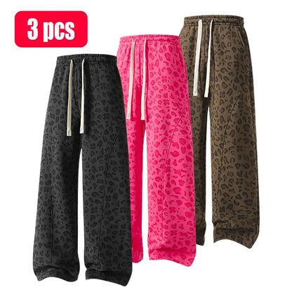 Men's leopard-print casual trousers with side pockets