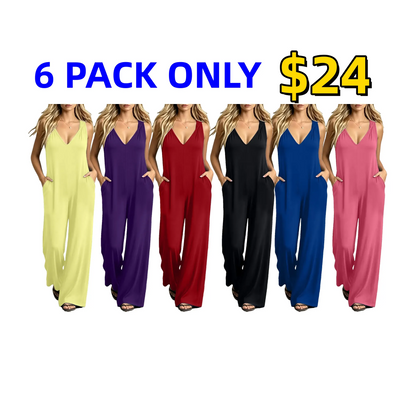 Plus-size women's V-neck jumpsuit featuring pockets and a casual strap design.