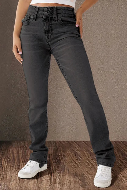 Double Button Mid Waist Straight Leg Jeans