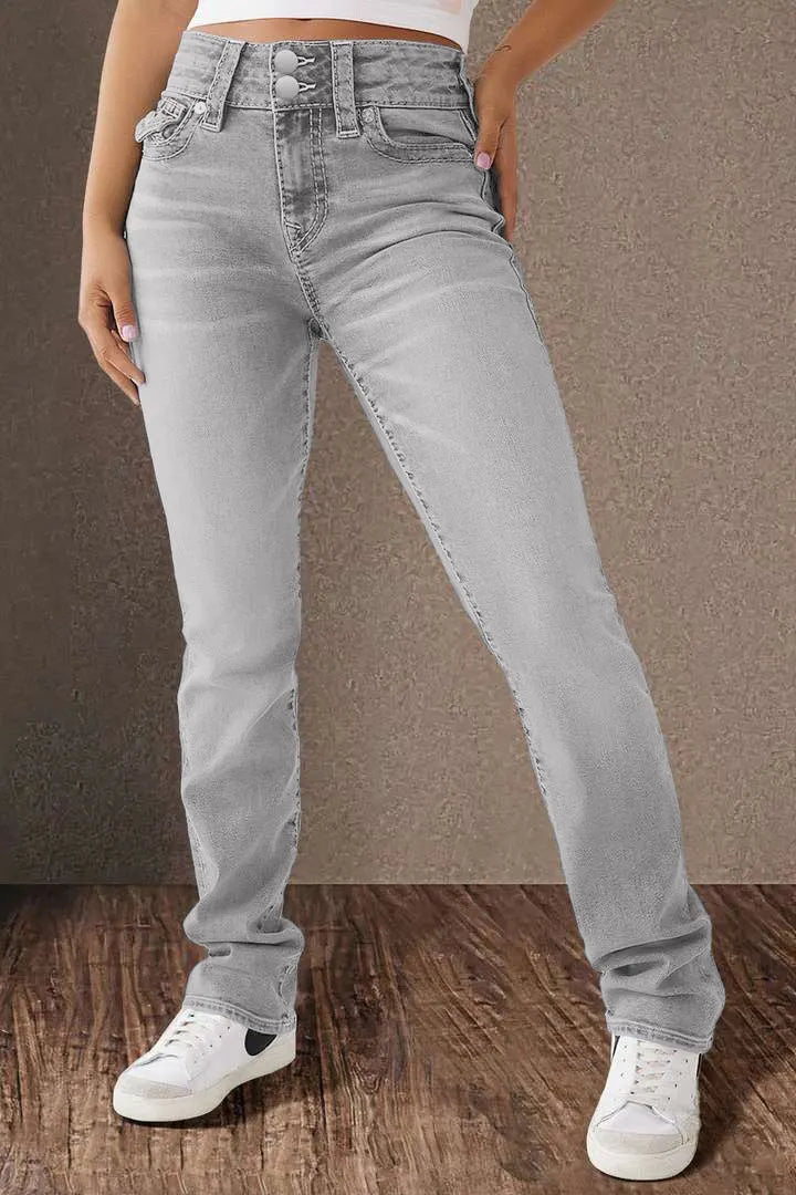 Double Button Mid Waist Straight Leg Jeans