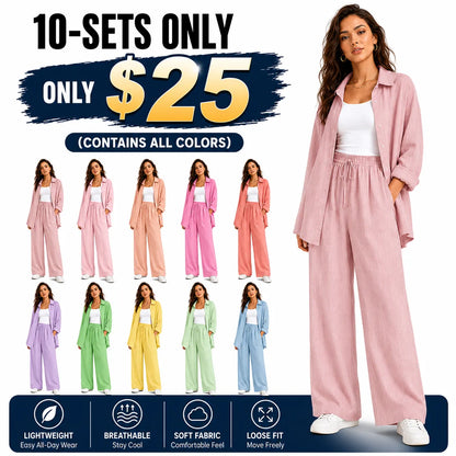 Women's casual athletic-style shirt and pants set—a two-piece ensemble featuring a loose-fitting button-down shirt and wide-leg pants, both comfortable and stylish