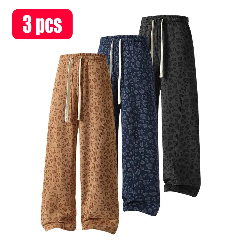 Men's leopard-print casual trousers with side pockets