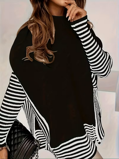 Women's Striped Patchwork Print Batwing Sleeve Split Hem Sweater