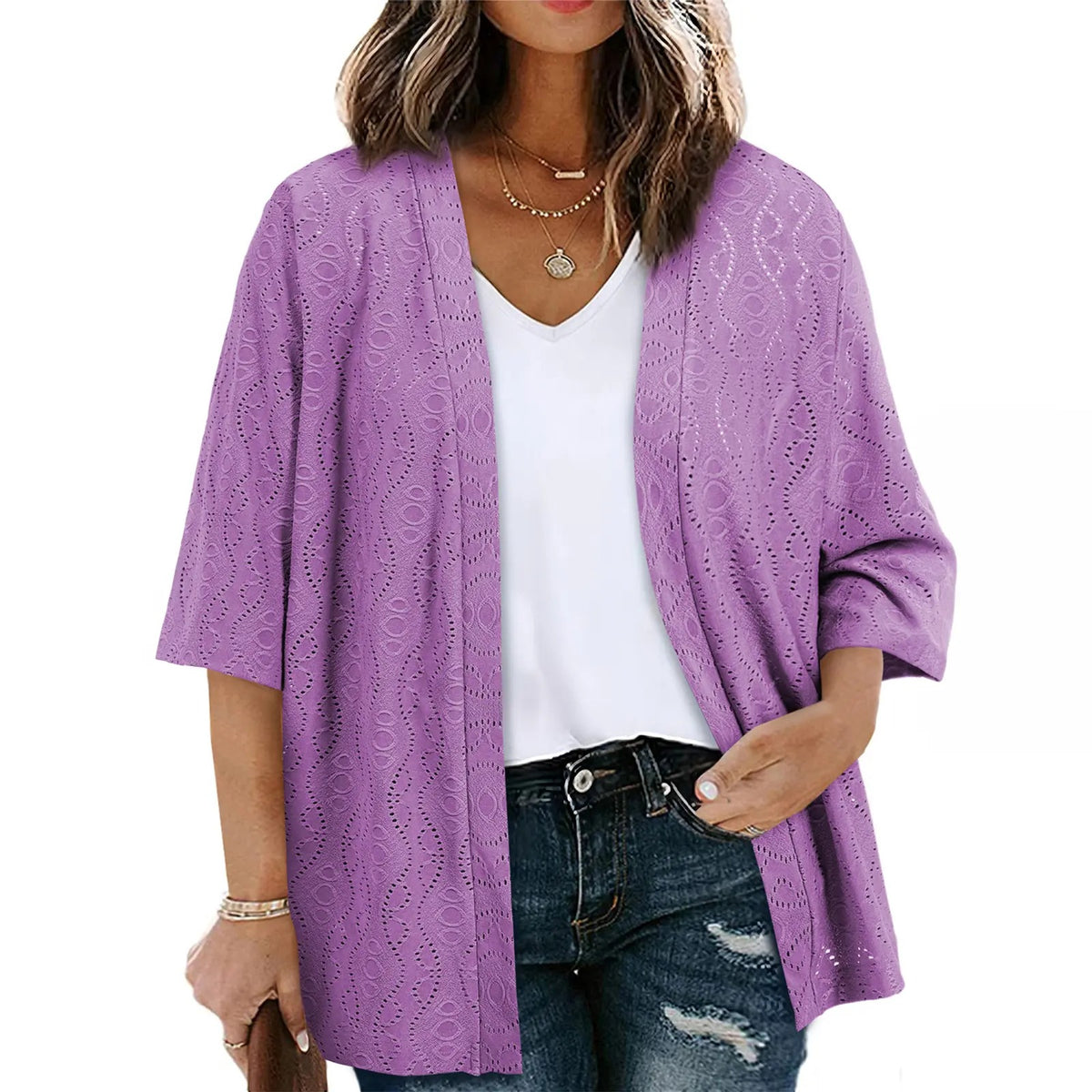 Women's Half Sleeve Jacquard Knit Kimono Cardigan Lightweight Open Front Summer Cover Up