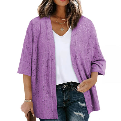 Women's Half Sleeve Jacquard Knit Kimono Cardigan Lightweight Open Front Summer Cover Up