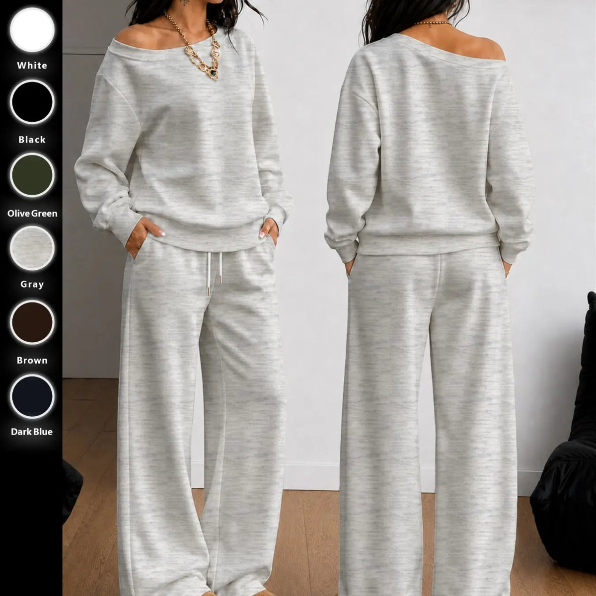 Women's 100% Cotton Two-Piece Set with Asymmetrical Sweatshirt & Wide-Leg Pants