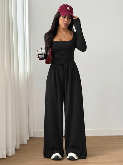 Women's 100% Cotton Long Sleeve Knit Wide-Leg Jumpsuit with Pockets