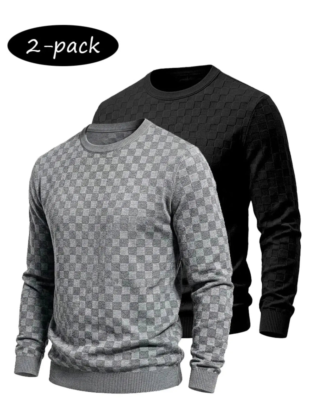 4-Pack Men's Checkered Knit Sweaters – Lightweight Crewneck Long Sleeve Pullovers