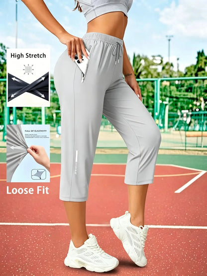 Women's Capris Pants - Loose Fit, Summer Drawstring Waist, Zippered Pockets, Breathable High-Stretch Fabric, Suitable for Everyday Wear