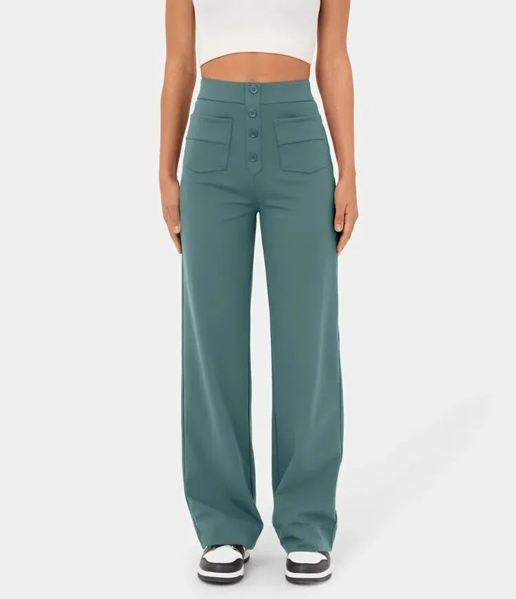 High Waisted Button Multiple Pockets Straight Leg Casual Pants
