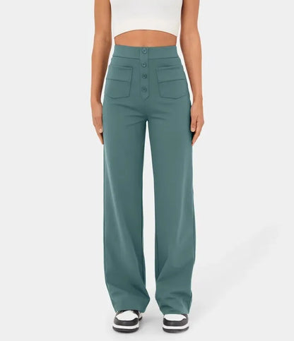 High Waisted Button Multiple Pockets Straight Leg Casual Pants