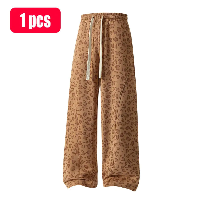 Men's leopard-print casual trousers with side pockets