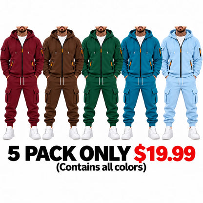 Men’s Cargo Tracksuit Set Full‐Zip Hooded Jacket + Pants (Polyester)