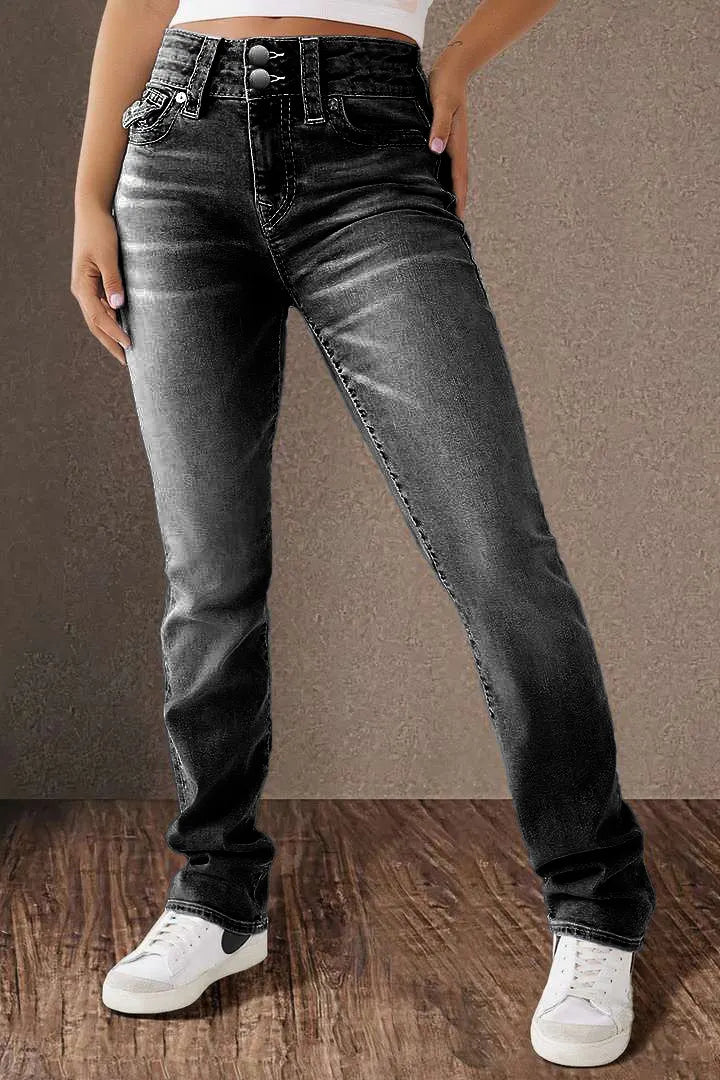 Double Button Mid Waist Straight Leg Jeans
