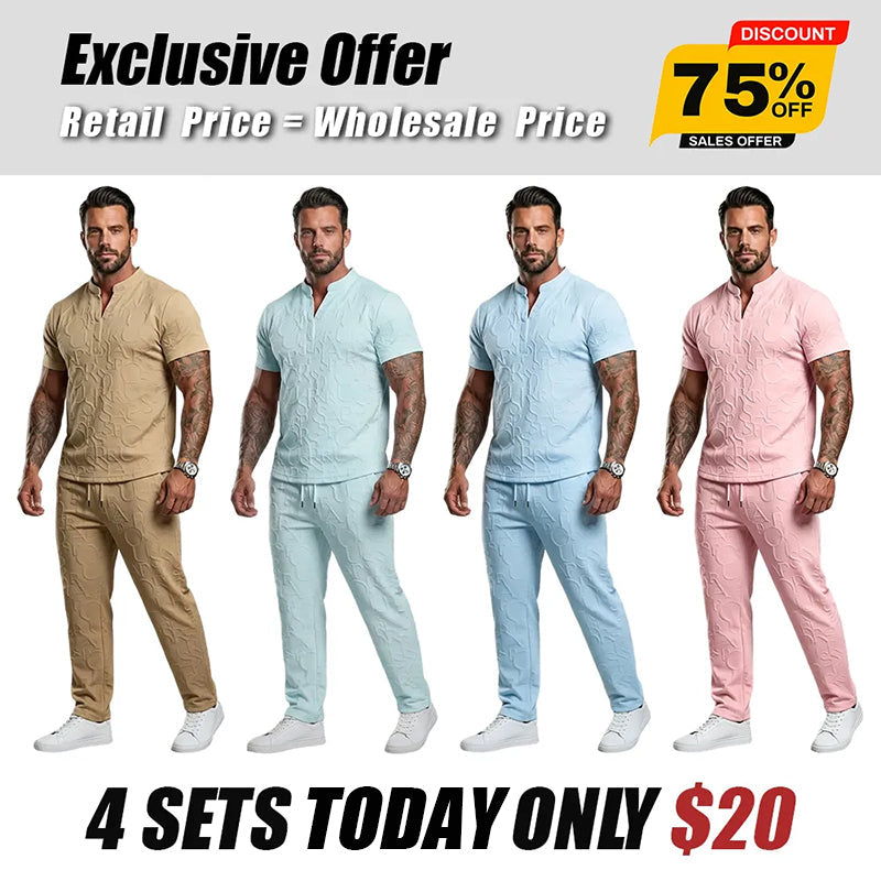 Men's Casual Textured Notched Neck Tee & Regular-Fit Drawstring Trousers