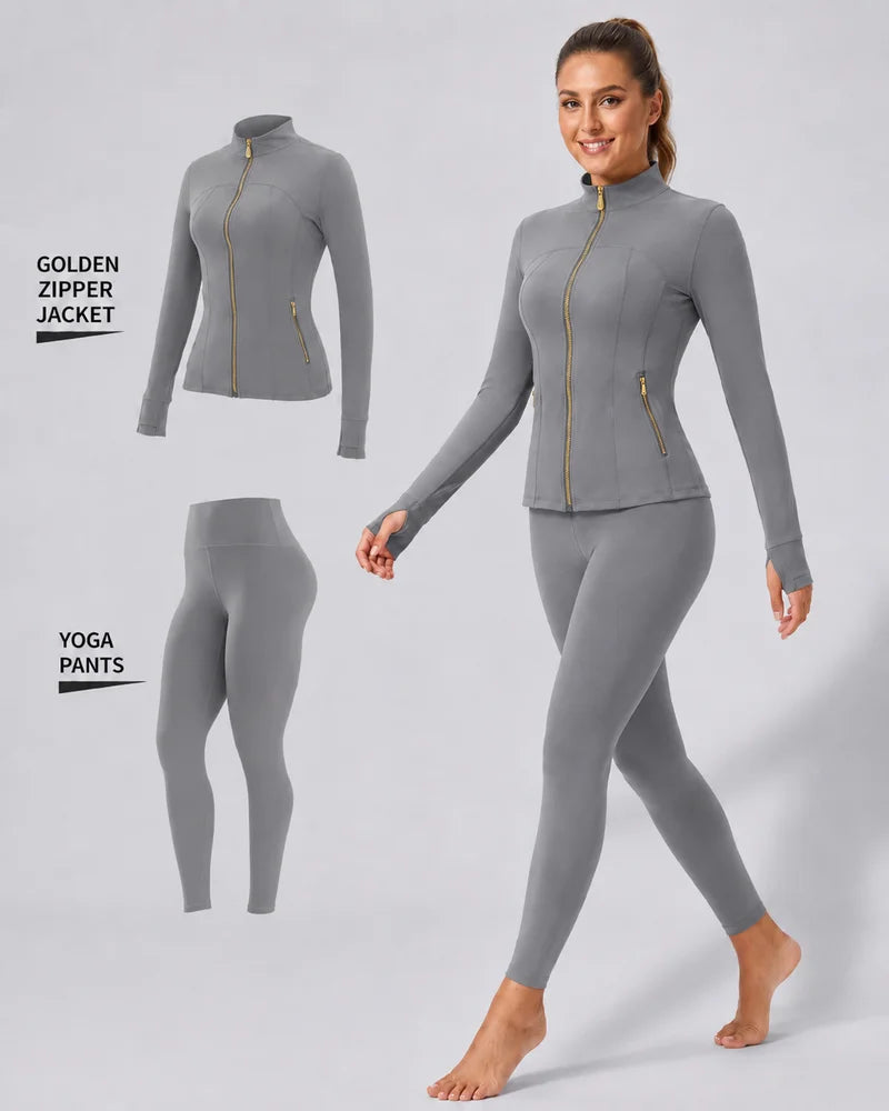 Women's Gold-Color Zip-Up Jacket & Yoga Leggings Set