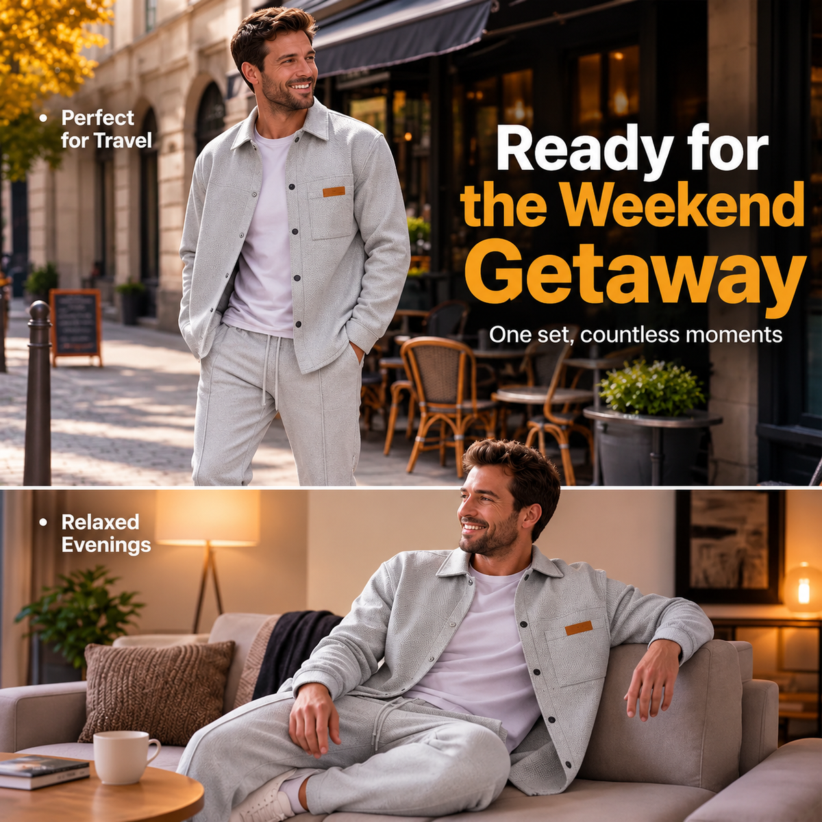 Casual two-piece set for men: jacket and pants in textured knit