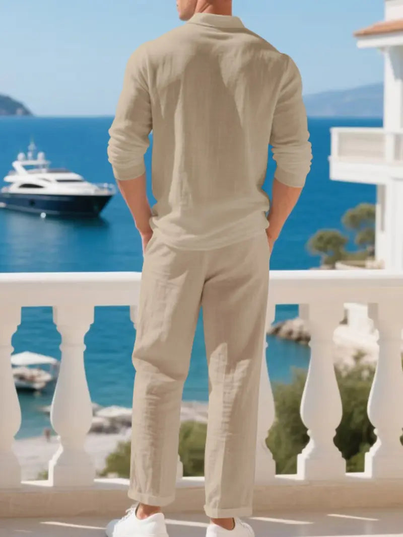 Men's Natural Linen Casual Set, Polo Neck Shirt & Loose Long Pants