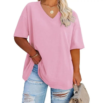 Women's Oversized Short Sleeve V-Neck Blouse – Lightweight Casual Summer Top