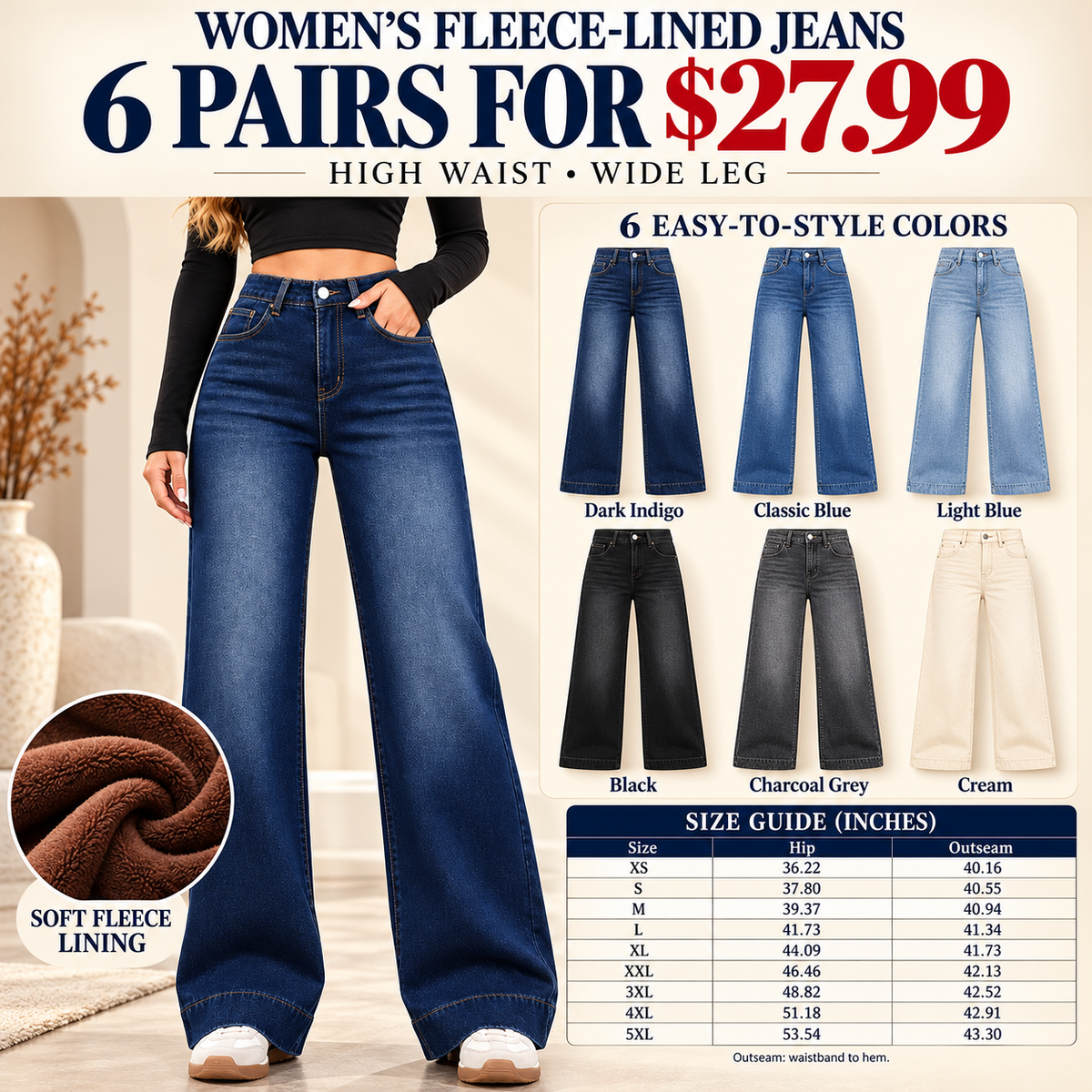 Women's Fleece-Lined Wide-Leg Jeans