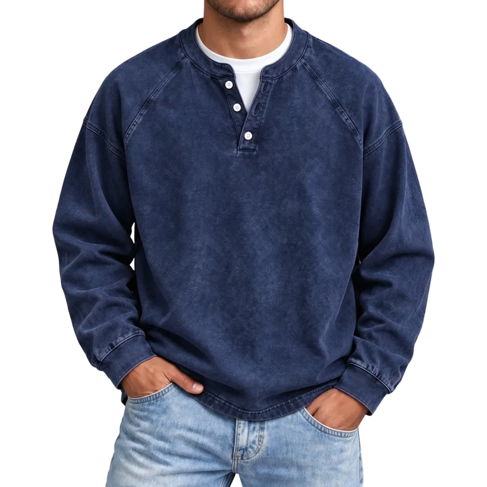 Distressed Washed Cotton Henley Long Sleeve Shirts