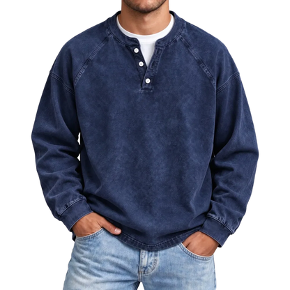 Distressed Washed Cotton Henley Long Sleeve Shirts