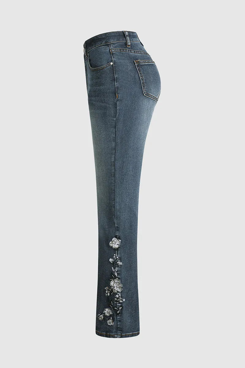 Mid-waist bootcut jeans with floral embroidery