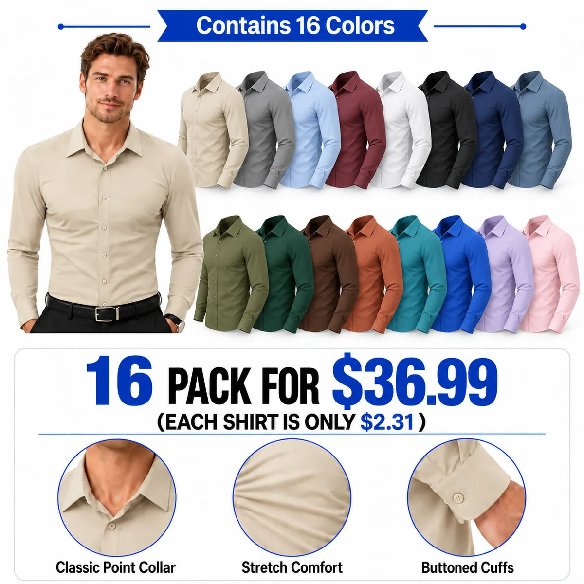 Men's Super Stretchy Dress Shirt Quick-Drying Breathable Anti-Wrinkle