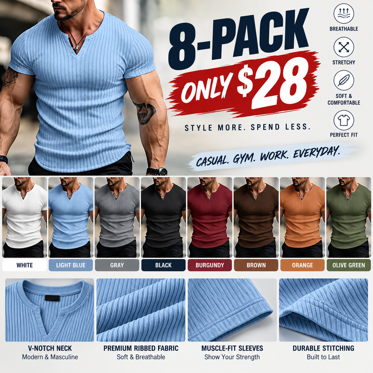 Men's Spring/Summer Striped V-Neck Short-Sleeve T-Shirt