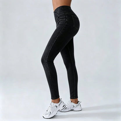 Women's High-Waisted Stretch Jeans with Crossover Design — Slim-Fit Flared Denim Leggings