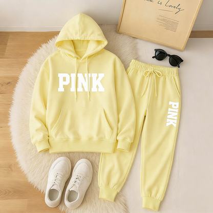 Women's Pink Print Hoodie And Drawstring Track Pants Set