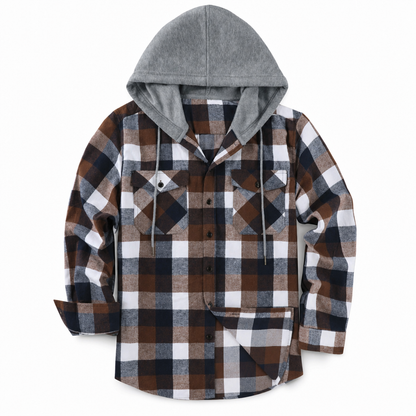 Men's Plaid Zip Up Hoodie Loose Fit American Style Brushed Hooded Sweatshirt