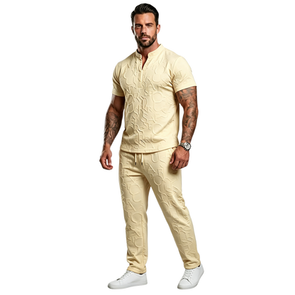 Men's Casual Textured Notched Neck Tee & Regular-Fit Drawstring Trousers