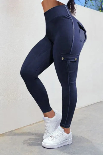 Solid Flap Pocket High Waist Sports Leggings